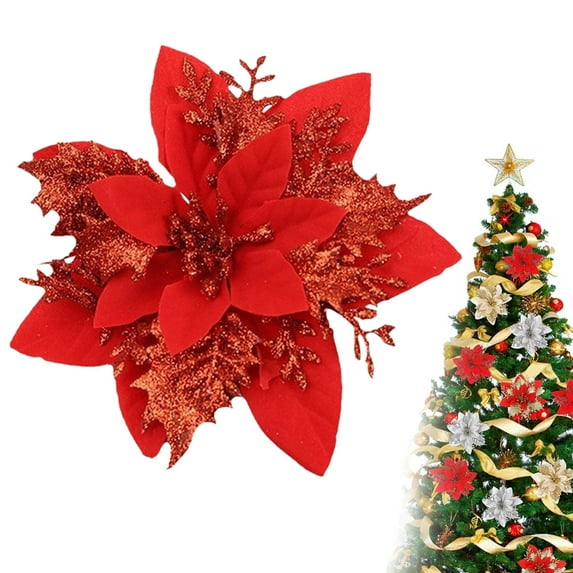 Gold Glitter Artificial Flower Picks – Small Three-Leaf Faux Floral Spray for Holiday Tree, Wreath & Wedding Decoration,Red,1PC