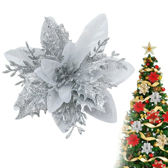Gold Glitter Artificial Flower Picks – Small Three-Leaf Faux Floral Spray for Holiday Tree, Wreath & Wedding Decoration,Silver,1PC