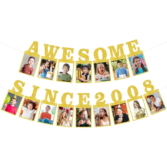 Gold Glitter Awesome Since Custom Year Photo Banner, Pre-Strung Kids Birthday Milestone Memory Picture Frame Garland