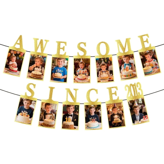 Gold Glitter Awesome Since Custom Year Photo Banner, Pre-Strung Milestone Birthday Memory Picture Garland