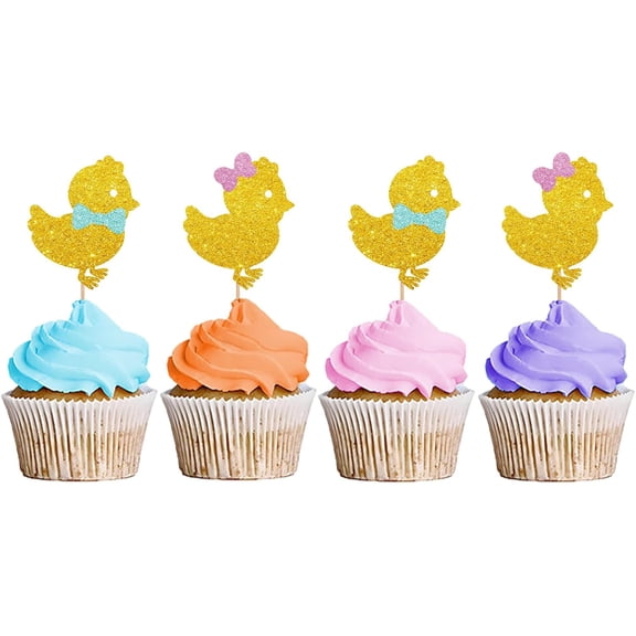 Gold Glitter Baby Duck Cupcake Toppers with Pink & Blue Bow, 12 Pack Rubber Duck Baby Shower Cupcake Picks, Easter Kids Birthday Party Cake Decor Supplies