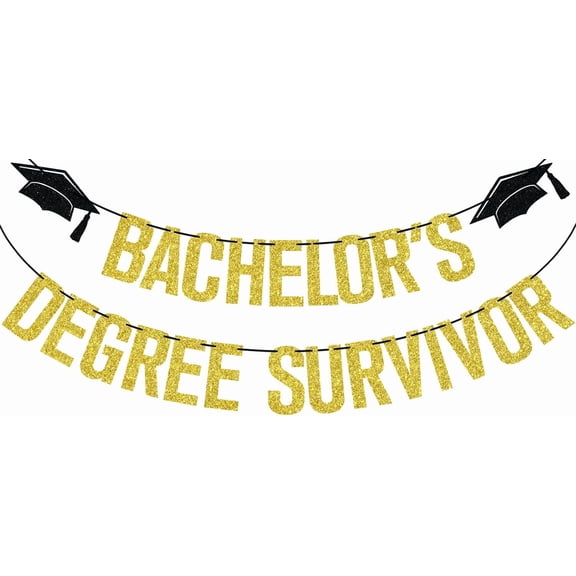 Gold Glitter "Bachelor's Degree Survivor" Banner with Graduation Cap Decorations, Graduation Party Supplies
