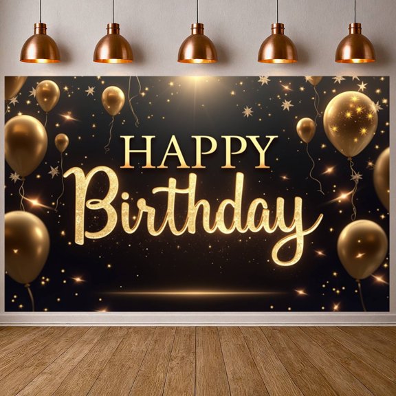 Gold Glitter Banner Star Pattern Party Backdrop Golden Balloons Ribbon Decor Celebration Background for Birthday Party Indoor Decoration Photo Backdrop