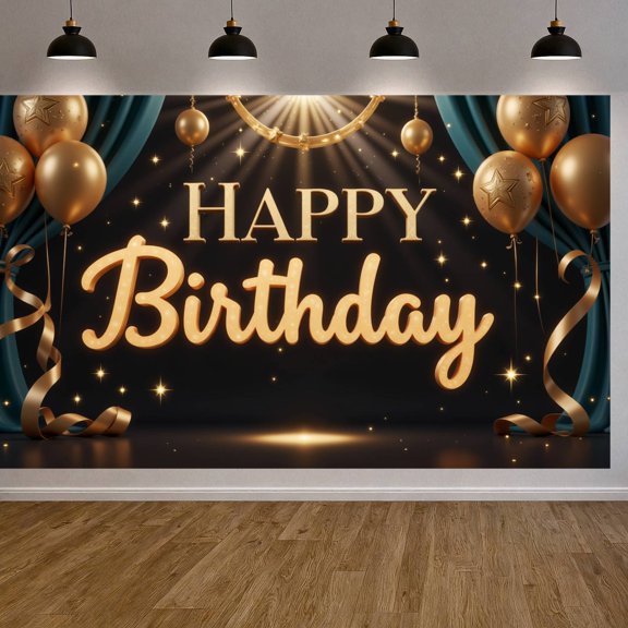 Gold Glitter Banner Star Pattern Party Backdrop Golden Balloons Ribbon Decor Celebration Background for Birthday Party Indoor Decoration Photo Backdrop