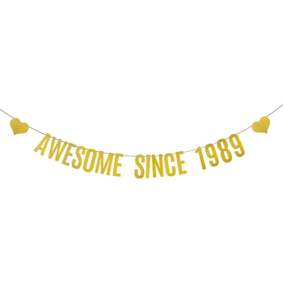 Gold Glitter Banner for 36th Birthday Party Decorations Supplies,Pre-Strung, Glitter Gold Paper Banner Bunting Sign Photo Props,Awesome Since 1989