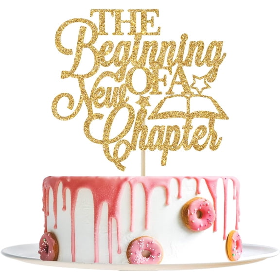Gold Glitter The Beginning of A New Chapter Cake Topper with Book & Star Cutout, Graduation New Journey Retirement Moving Away Party Cake Topper 1 Pack