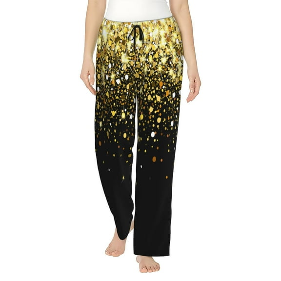 Gold Glitter Black Golden Dots Women's Comfy Pajama Pants With Pockets,Soft Stretch Drawstring Lounge Pants, Soft Casual Wide Leg Pjs Sleep Bottoms Medium
