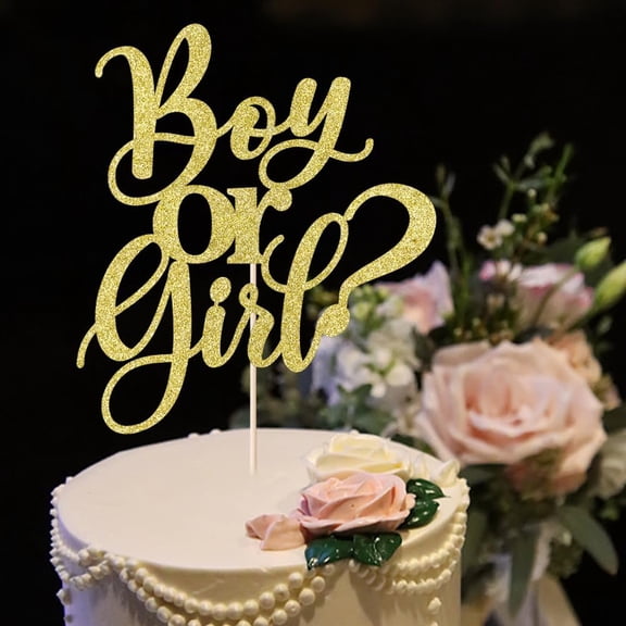 Gold Glitter Boy Or Girl Cake Topper, Question Mark Cursive Script Cake Pick for Gender Reveal Baby Shower Party Cake Decor,1 Pack