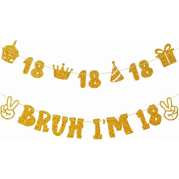 Gold Glitter "Bruh I'm 18" Banner with Birthday Icons, Funny 18th Birthday Party Supplies