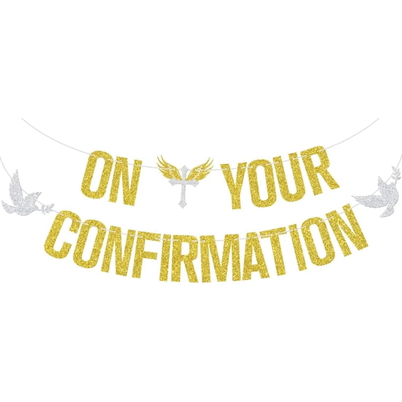 Gold Glitter On Your Confirmation Banner, God Bless/First Holy Communion, Religious Christening Baptism Baby Shower Bridal Shower Party Decorations Supplies