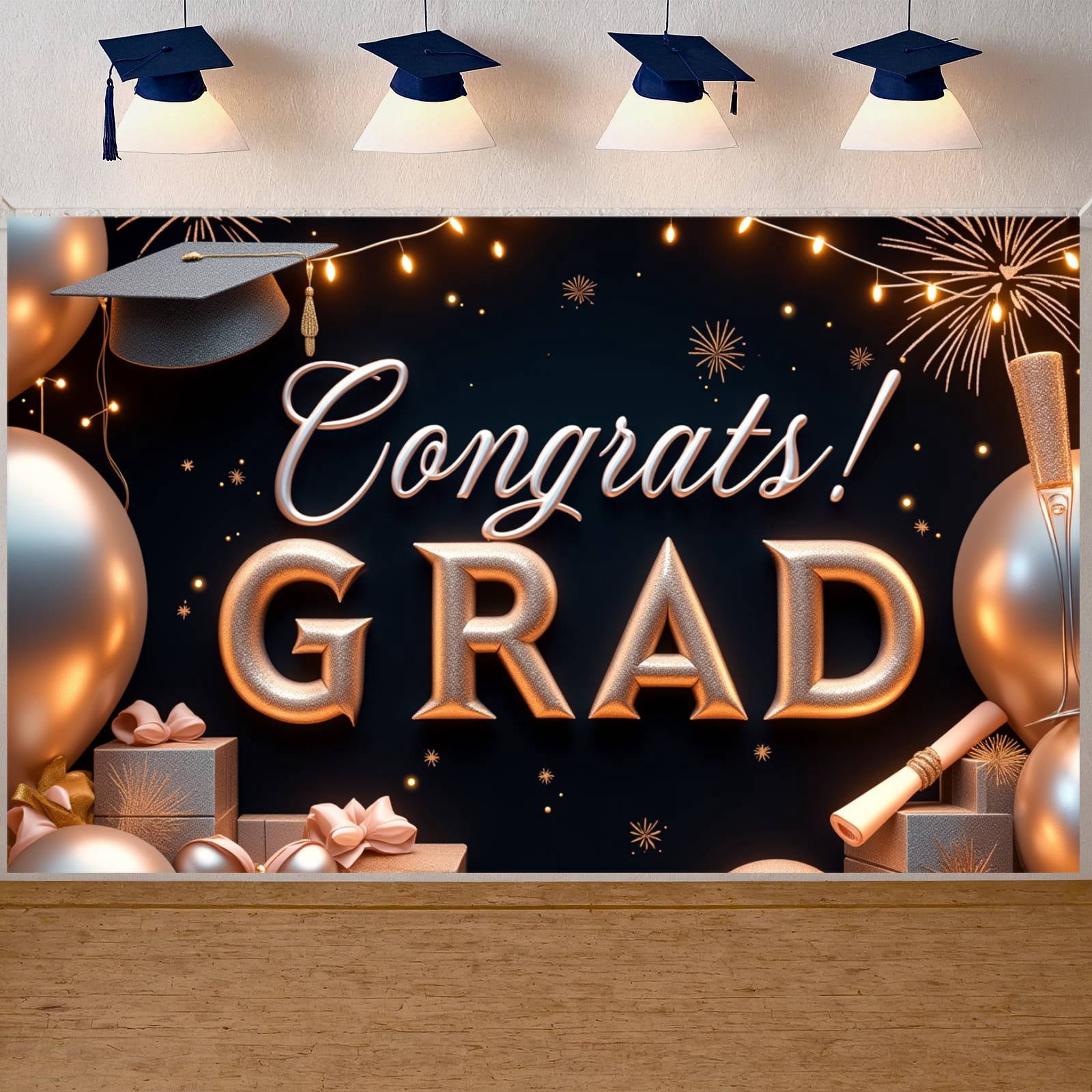 Gold Glitter Congrats Grad Banner Black Background Graduation Backdrop ...