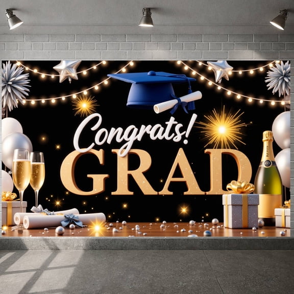Gold Glitter  Congrats Grad Banner Black Background Graduation Backdrop Gold Balloons Gift Box Decor Academic Achievement Display for Graduation Party High School Grad College Grad