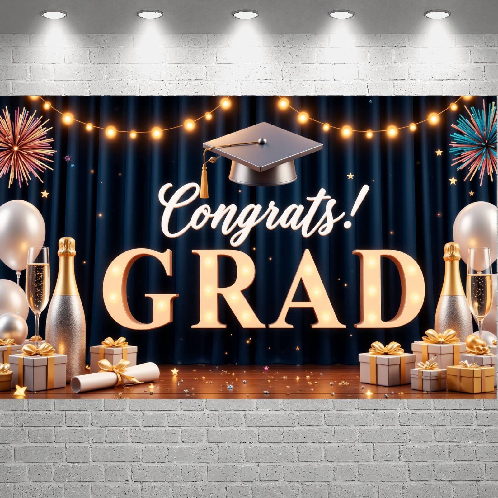 Gold Glitter Congrats Grad Banner Black Background Graduation Backdrop ...