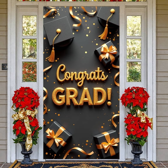 Gold Glitter Congrats Grad Banner Black Gold Color Scheme Graduation Display Sparkle Accent Luxury Grad Party Backdrop for Graduation Party College Graduation Graduation Ceremony