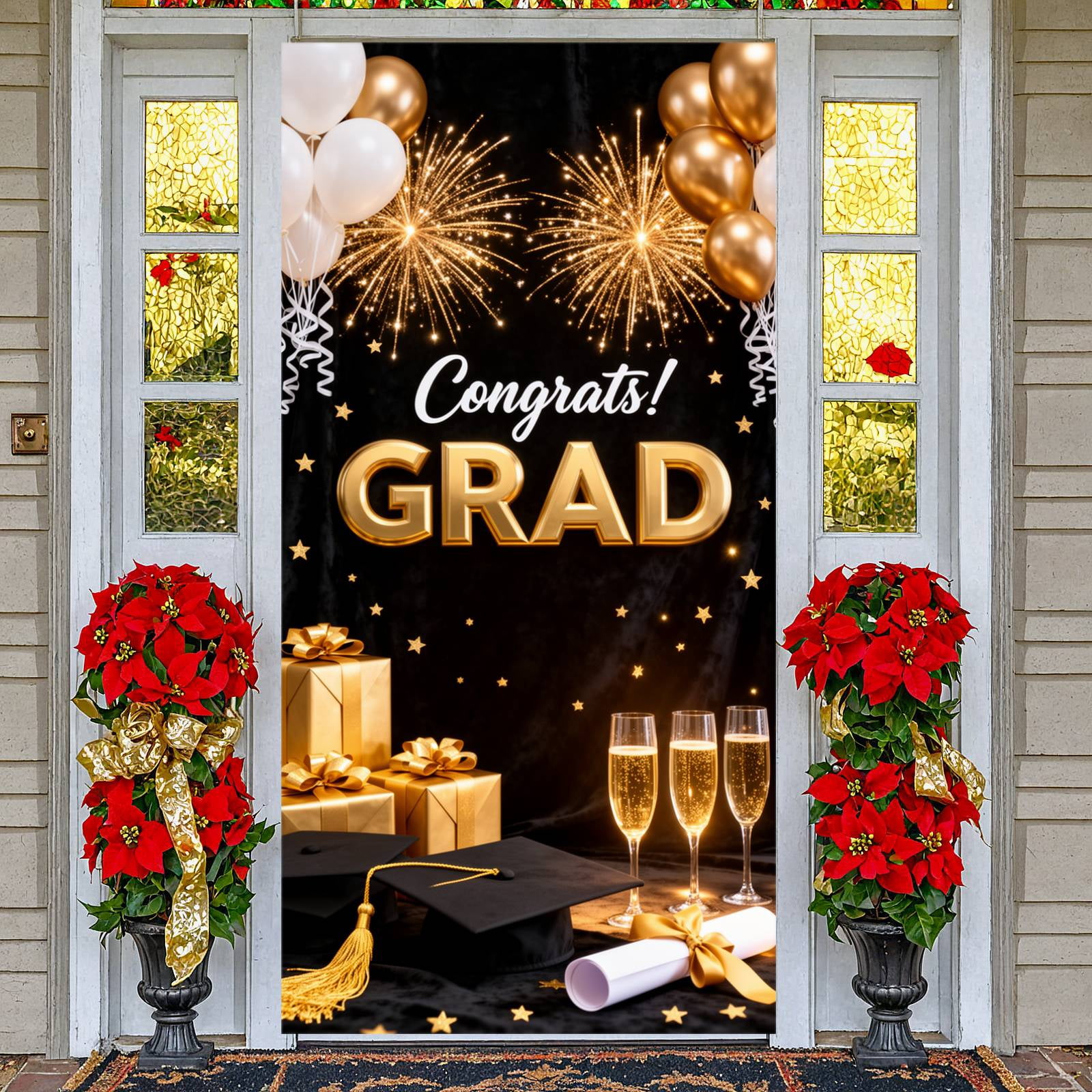Gold Glitter Congrats Grad Banner Black & Gold Graduation Backdrop ...