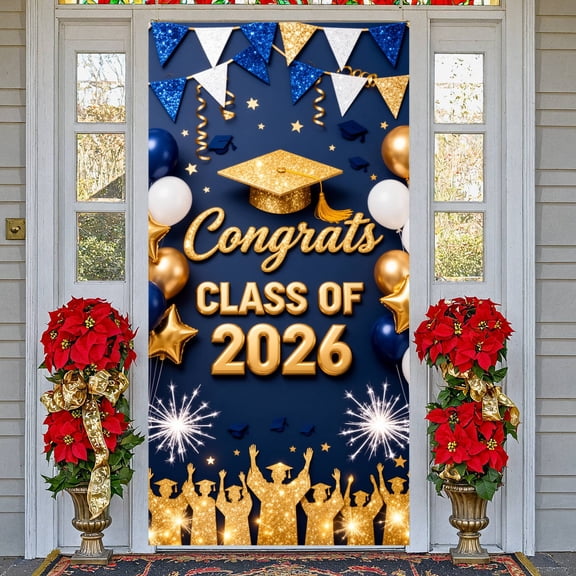 Gold Glitter Congrats Grad Banner Navy Blue Background Class of 2026 Backdrop Balloon Decorations Bunting Flags Graduation Display for Graduation Party School Ceremony Commencement