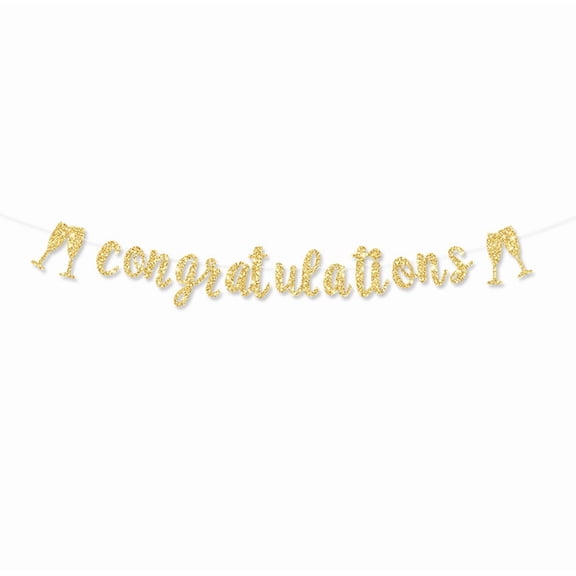 Gold Glitter Congratulations Banner, Party Decoration with Champagne Glass Design, Hanging Sign