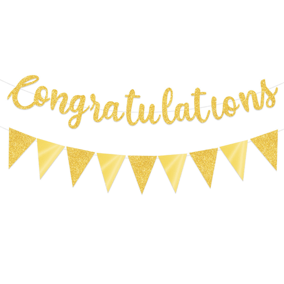 Gold Glitter Congratulations Banner with Triangle Pennant Bunting, Party Decoration