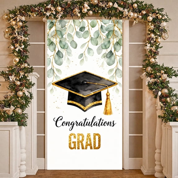 Gold Glitter Congratulations Grad Banner Eucalyptus Leaf Graduation ...