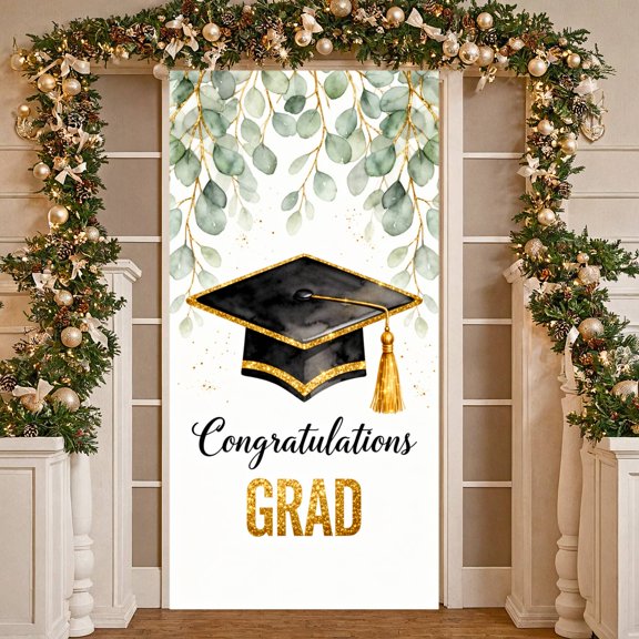 Gold Glitter Congratulations Grad Banner Eucalyptus Leaf Graduation Backdrop Watercolor Elegant Design Graduation Display for Graduation Party College Graduation Photo Shoot