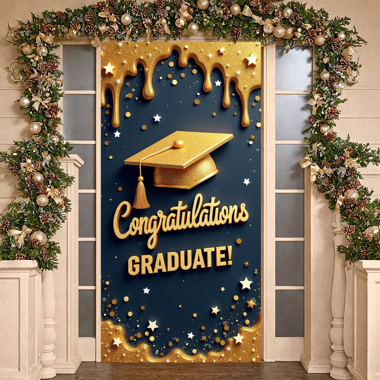 Gold Glitter Congratulations Graduation Banner Dark Blue Graduate ...