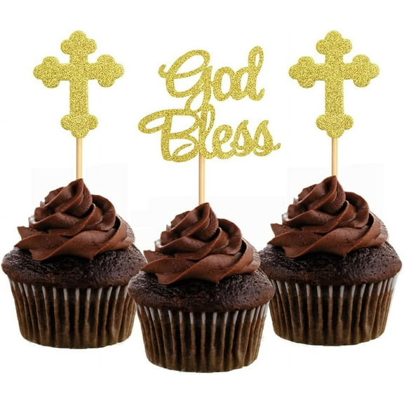 Gold Glitter Cross God Bless Religious Baptism Christening Cupcake Toppers 12Pcs First Communion Baby Shower Cupcake Picks
