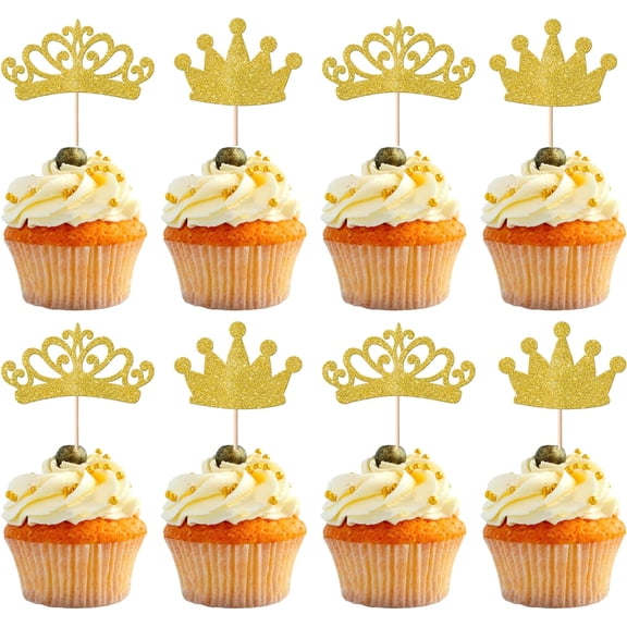 Gold Glitter Crown Cupcake Toppers, Princess Tiara Picks for Wedding, Birthday, Baby Shower Party, 12 Pack