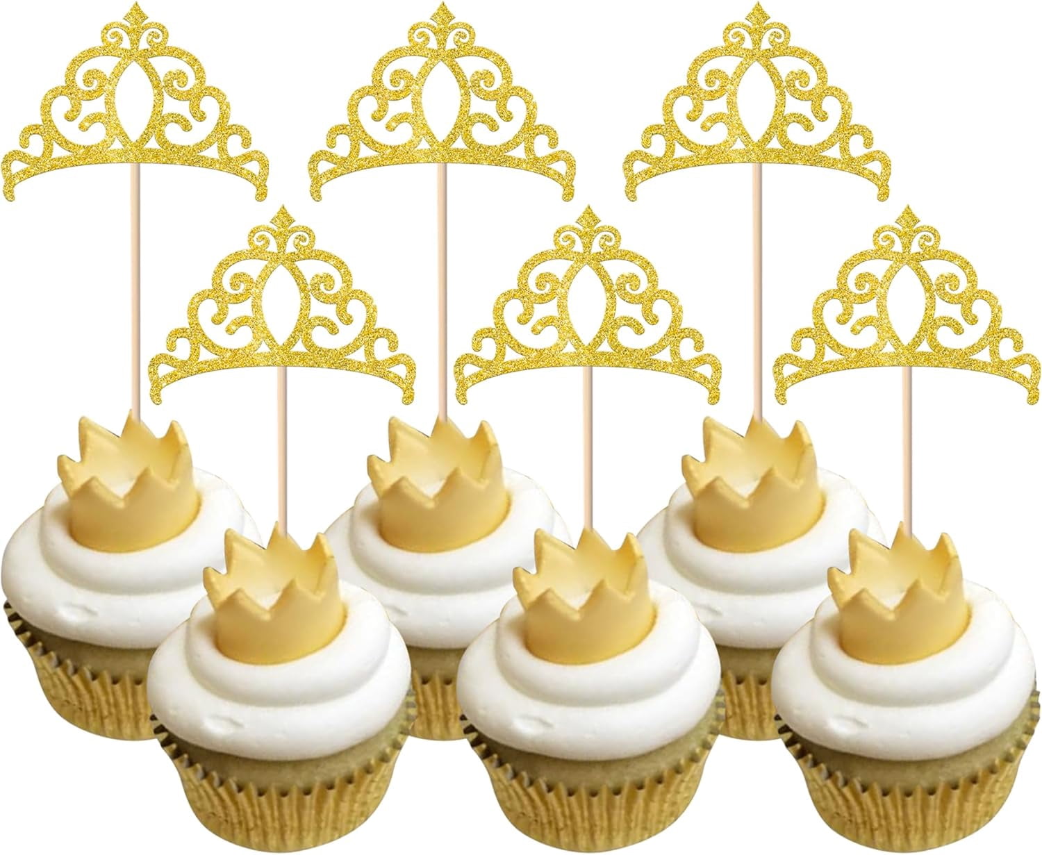 Gold Glitter Crown Cupcake Toppers, Princess Tiara Theme Party Picks ...