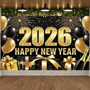 Gold Glitter Design 2026 New Year Banner Black and Gold Theme Happy New Year Banner Fireworks Pattern Balloon Decoration New Year Party Banner for New Year Party 2026 Celebration New Year Eve
