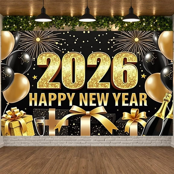 Gold Glitter Design 2026 New Year Banner Black and Gold Theme Happy New Year Banner Fireworks Pattern Balloon Decoration New Year Party Banner for New Year Party 2026 Celebration New Year Eve