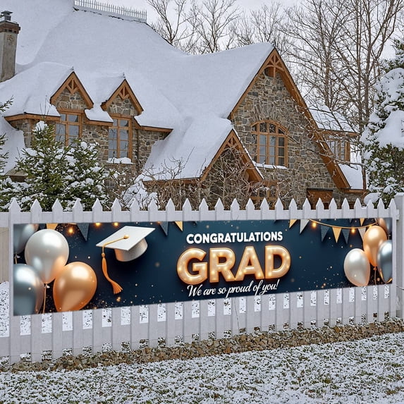 Gold Glitter Design Graduation Banner Silver Gold Balloons Grad Display ...