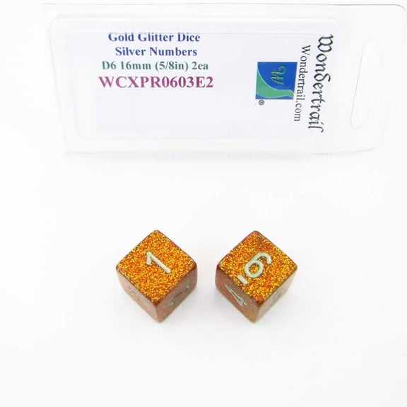 Gold Glitter Dice with Silver Numbers D6 Aprox 16mm (5/8in) Pack of 2 Wondertrail
