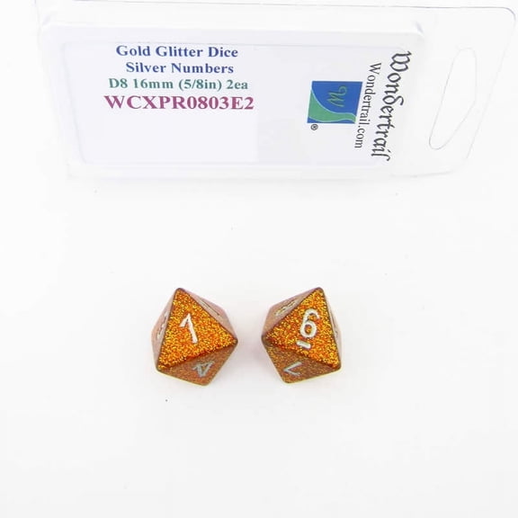Gold Glitter Dice with Silver Numbers D8 Aprox 16mm (5/8in) Pack of 2 Wondertrail