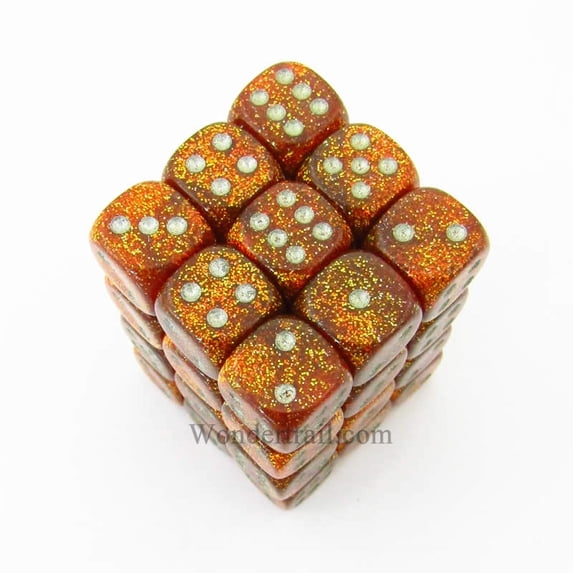 Gold Glitter Dice with Silver Pips D6 12mm (1/2in) Pack of 36 Chessex