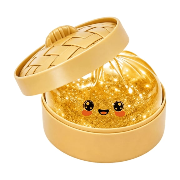 Gold Glitter Dumpling Squishy Toy with Steamer Basket, 3.35 Inches, for Kids and Adults, Squeeze Toy