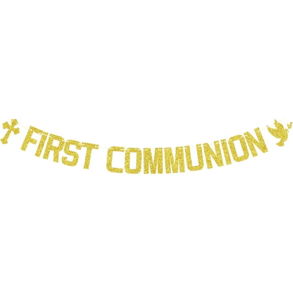 Gold Glitter First Communion Banner Cross Holy Spirit Dove Ornament Religious First Holy Communion Party Decor Banner