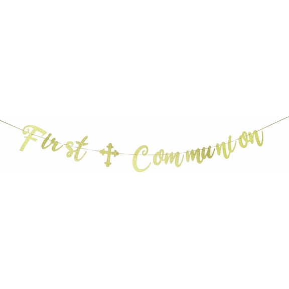 Gold Glitter First Communion Banner with Cross, First Holy Communion / Religious Party Decorations