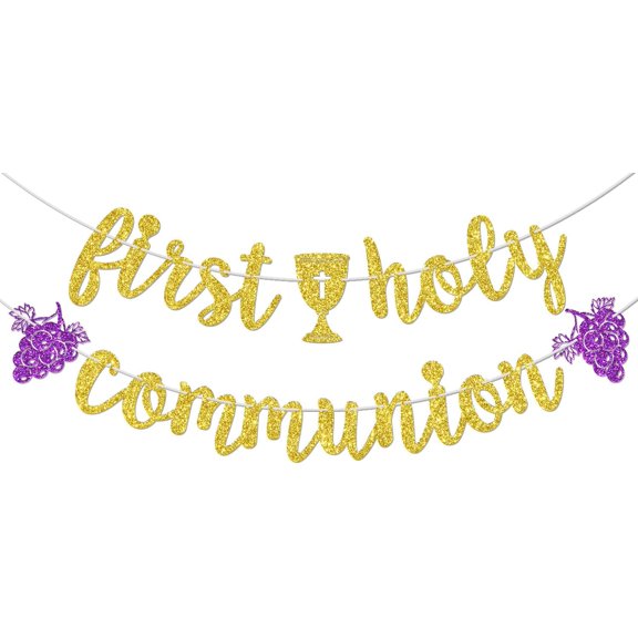 Gold Glitter First Holy Communion Banner, Letter Garland with Chalice & Purple Grape Cutouts, Religious Communion Party Wall Decor Photo Backdrop