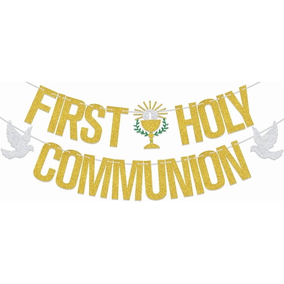 Gold Glitter First Holy Communion Banner with Chalice & Dove Cutouts, Religious First Communion Party Supplies