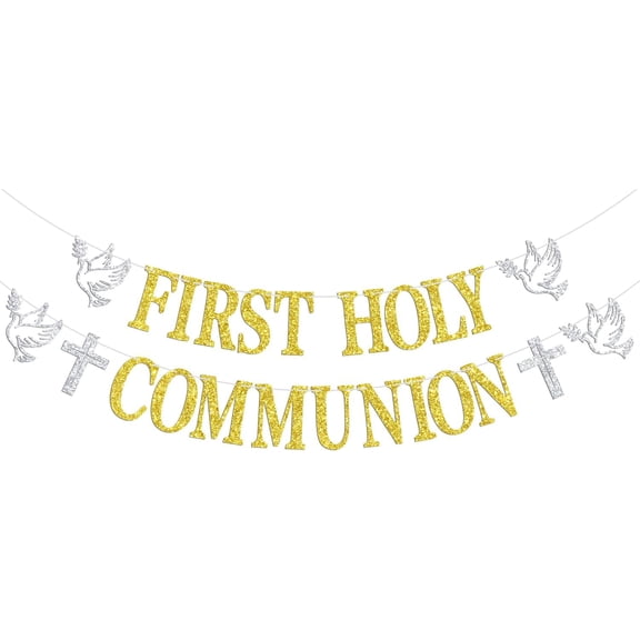 Gold Glitter First Holy Communion Banner with Silver Dove and Cross Embellishments, Catholic First Communion Religious Ceremony Wall Hanging Garland