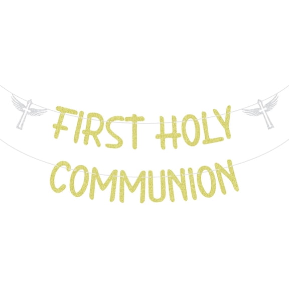 Gold Glitter First Holy Communion Banner with Silver Winged Cross, Religious Baptism Ceremony Party Decor, Christian Celebration Hanging Garland