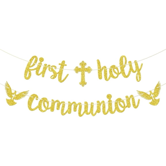 Gold Glitter First Holy Communion Double Line Banner with Cross & Dove Cutouts, First Communion Catholic Religious Party Wall Hanging Cursive Garland Supplies