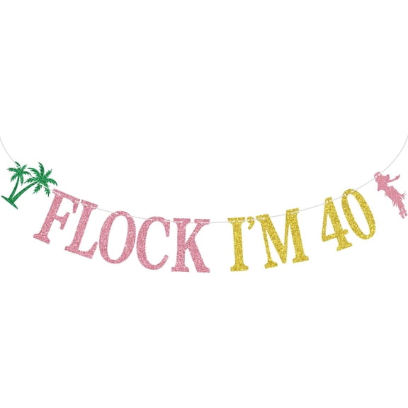Gold Glitter Flock I'm 40 Banner, Cheers to 40 Years/Happy 40th Birthday, Summer Flamingo Hawaiian Luau Themed 40th Birthday Anniversary Party Decorations Supplies