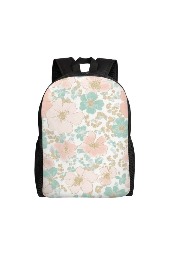 Gold Glitter Floral Pattern Backpack Large Capacity Laptop Bag for Men and Women