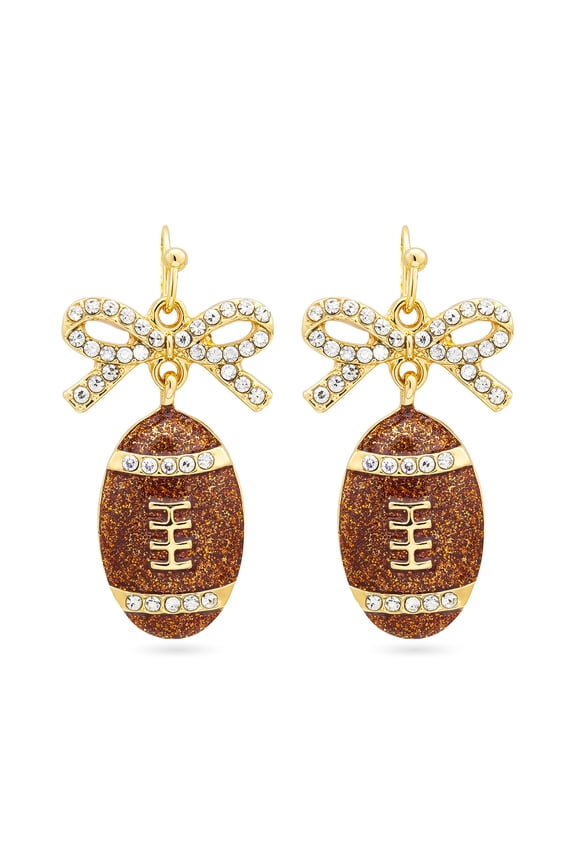 Gold Glitter Football Dangle Earrings with Crystal Bow Accents