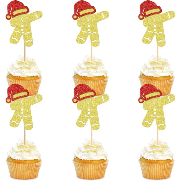 Gold Glitter Gingerbread Man Cupcake Toppers, 12PCS Picks with Santa Hat for Christmas Party Dessert Decor