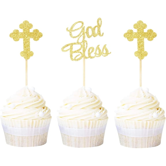 Gold Glitter God Bless Cross Cupcake Toppers 12 Pack Religious Baptism Christening Cupcake Picks for Baby Shower Dedication Party Cake Topper Decor