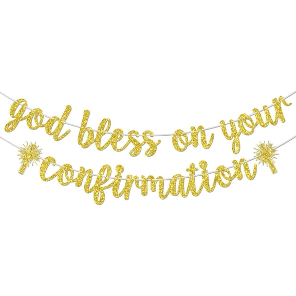 Gold Glitter God Bless On Your Confirmation Banner with Cross Embellishments, Religious Confirmation Ceremony Glitter Banner Decor