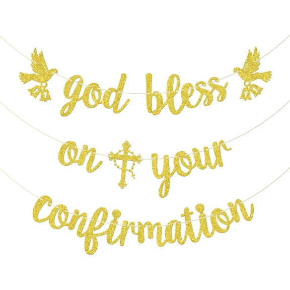 Gold Glitter "God Bless On Your Confirmation" Banner with Dove & Cross Decorations, Confirmation Party Supplies