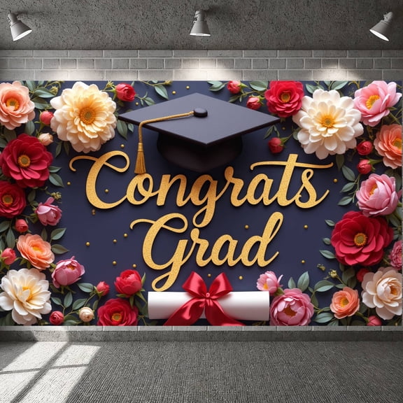 Gold Glitter Graduation Banner Floral Decor Grad Party Backdrop Navy Blue Diploma Scroll Academic Background for Graduation Party Commencement Ceremony Student Celebration